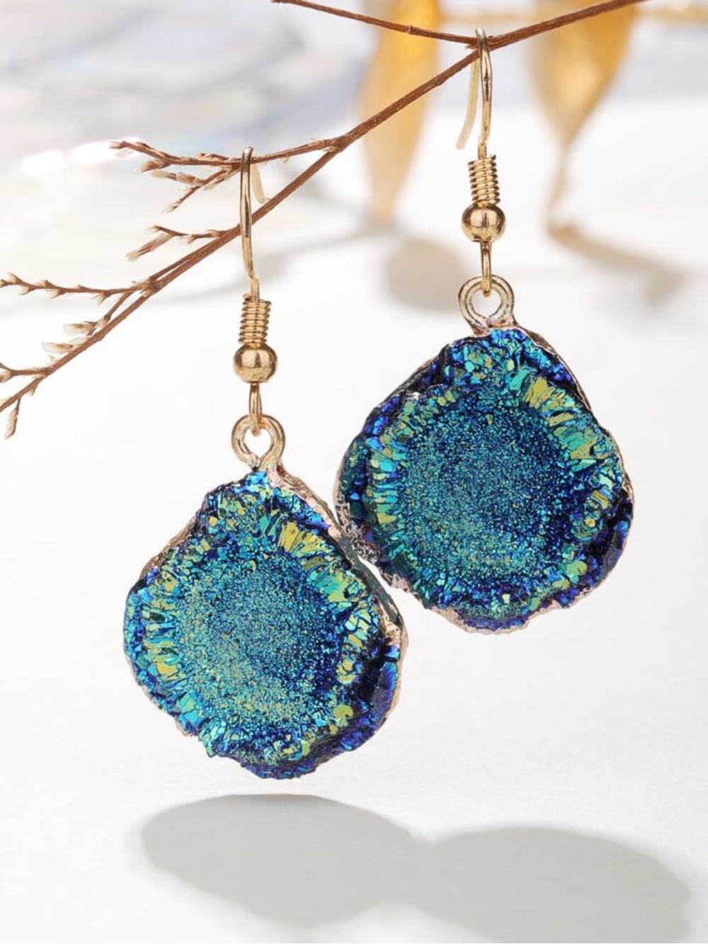 Blue Iridescent Druzy Drop Earrings with Gold Hooks
